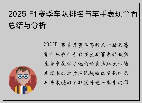 2025 F1赛季车队排名与车手表现全面总结与分析