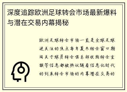 深度追踪欧洲足球转会市场最新爆料与潜在交易内幕揭秘