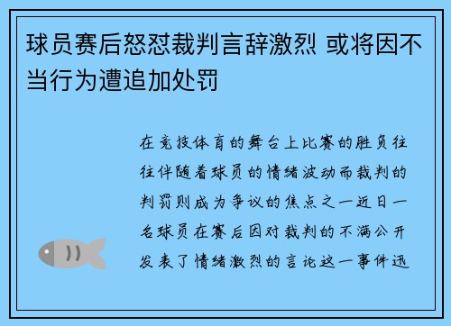 球员赛后怒怼裁判言辞激烈 或将因不当行为遭追加处罚