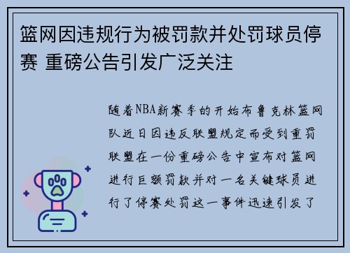 篮网因违规行为被罚款并处罚球员停赛 重磅公告引发广泛关注